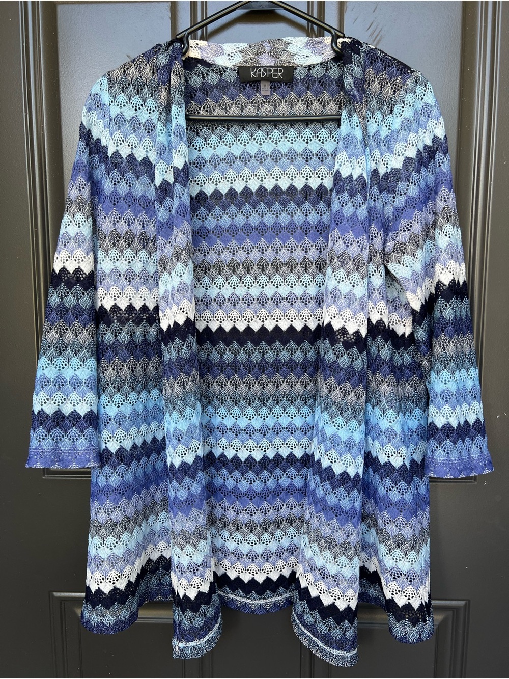 Kasper Blue Navy Light-Blue Striped Open-Front Cardigan